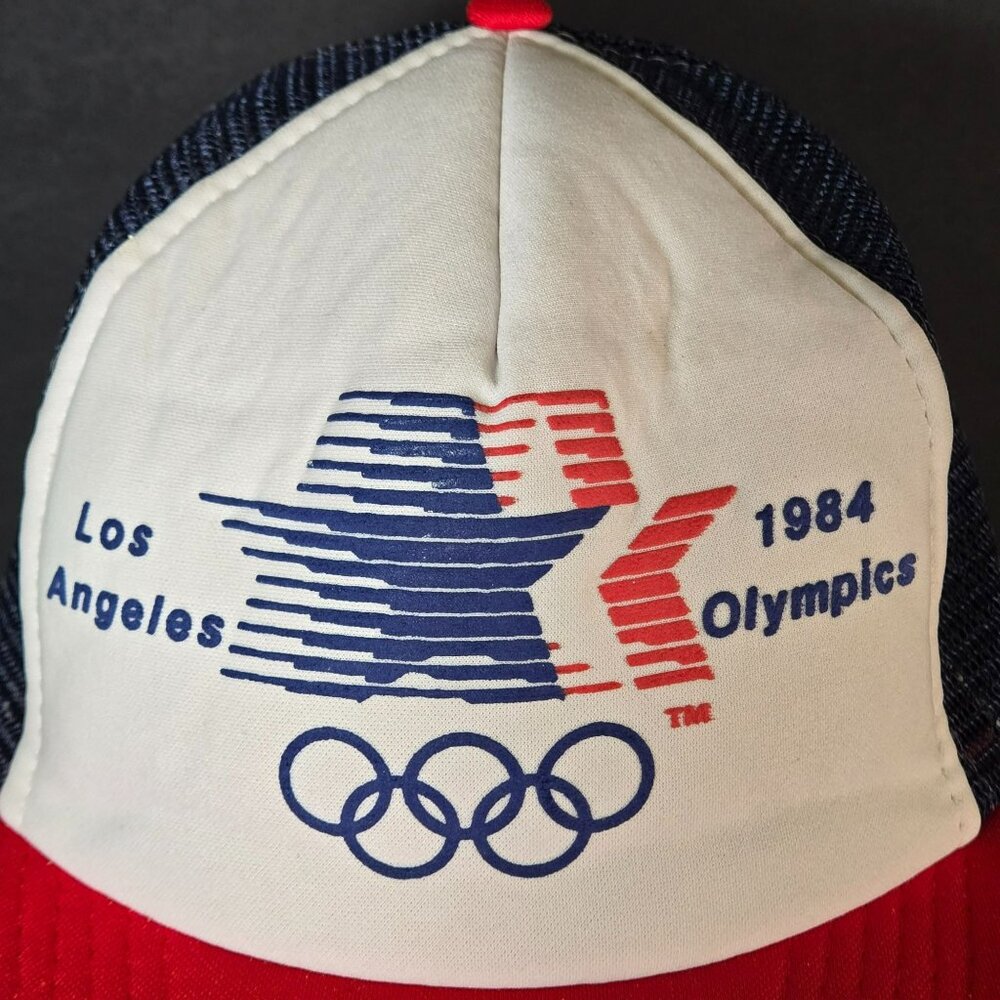 Vintage 1984 Los Angeles Olympics Mesh Trucker Hat Red White Blue Snapback - Picture 2 of 12